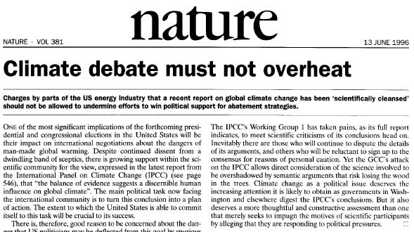 Climate debate must not overheat, Nature 13 June 1996