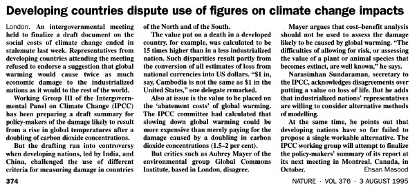 'Developing countries dispute use of figures on climate change impacts' by Masood, Nature, Vol 376 (3Aug95) p374