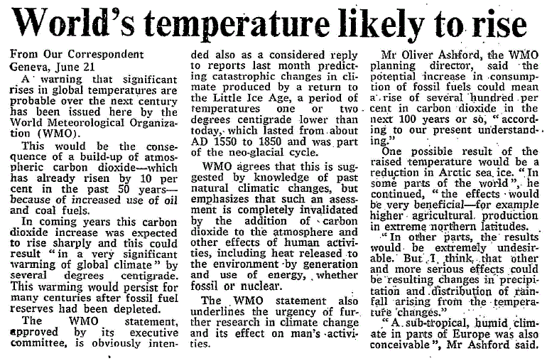 World's temperature likely to rise, Times, 22 June 1976
